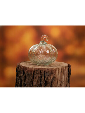Clear Green Tint Glass Pumpkin Hand Blown Textured Art Decor Looped Stem